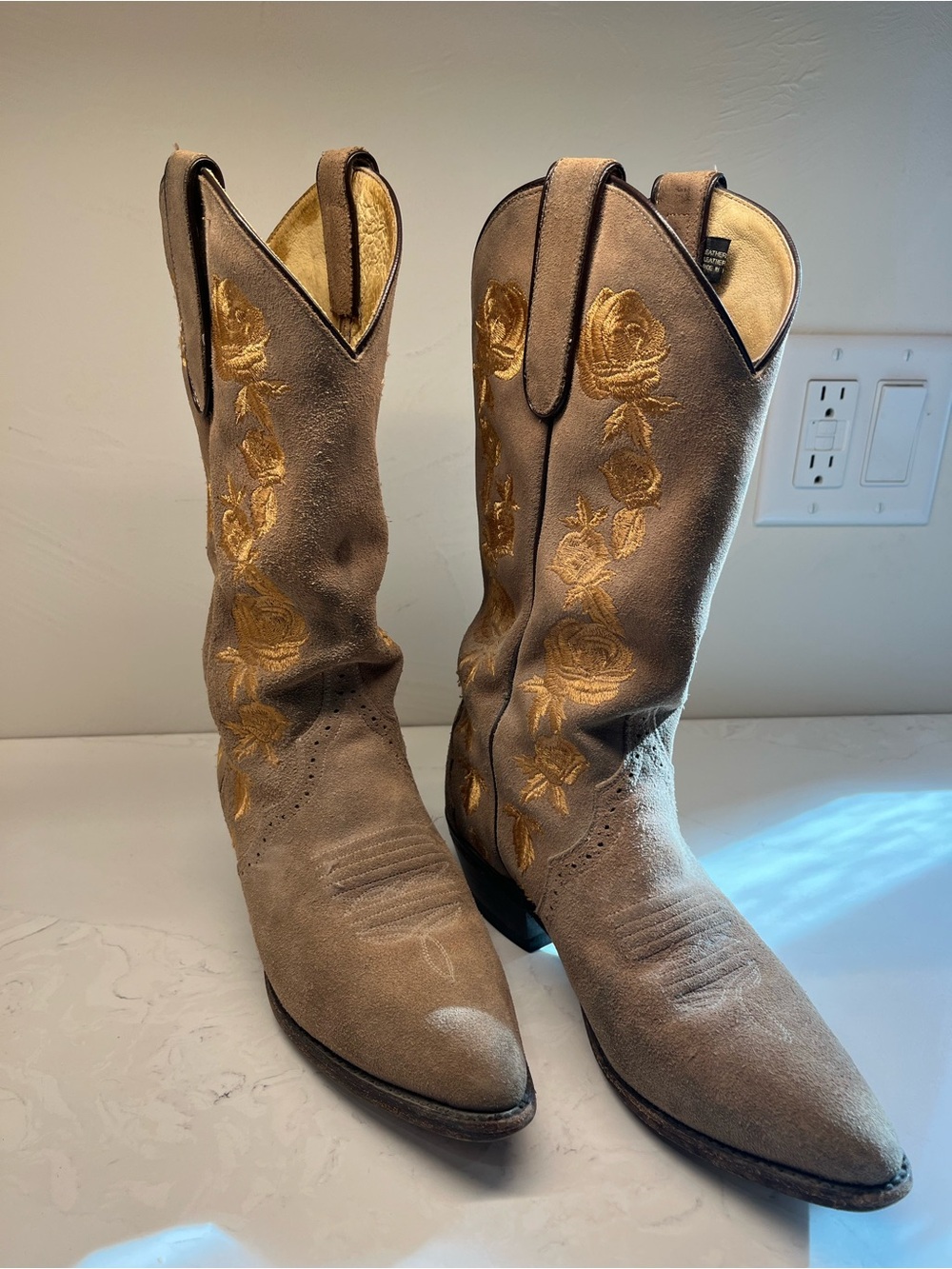 Dan Post Taupe Suede Western Boots with Gold Rose Embroidery